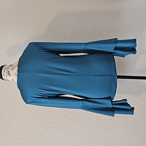 Teal Blouse With Faux Lace-up Detail And Big Bell Teired Sleeves - Picture 2 of 8